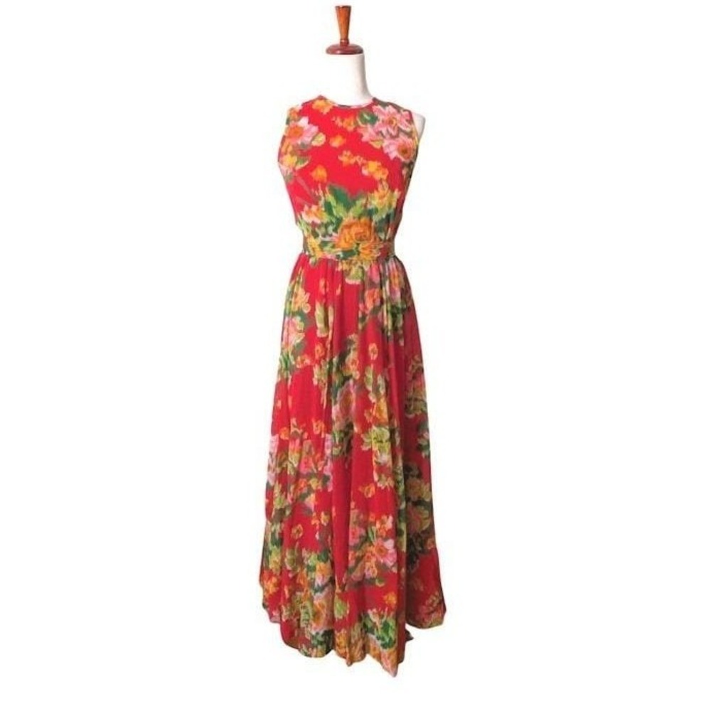 Lanz Originals Vintage‎ Red Floral Maxi Dress Sleeveless Boho Bohemian Size S
